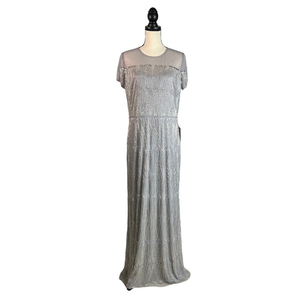 JS Collections Illusion Yoke Beaded Column Gown Dress Silver / Grey plus Formal - Picture 2 of 15